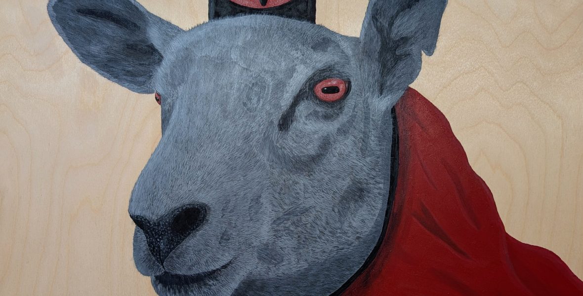 Catherine Dumais artiste peintre série Animal Geekdom Bearer of the Red Crown Cult of the Lamb fanart acrylic painting The Lamb wooden acrylic painting sheep peinture acrylique mouton jeu vidéo